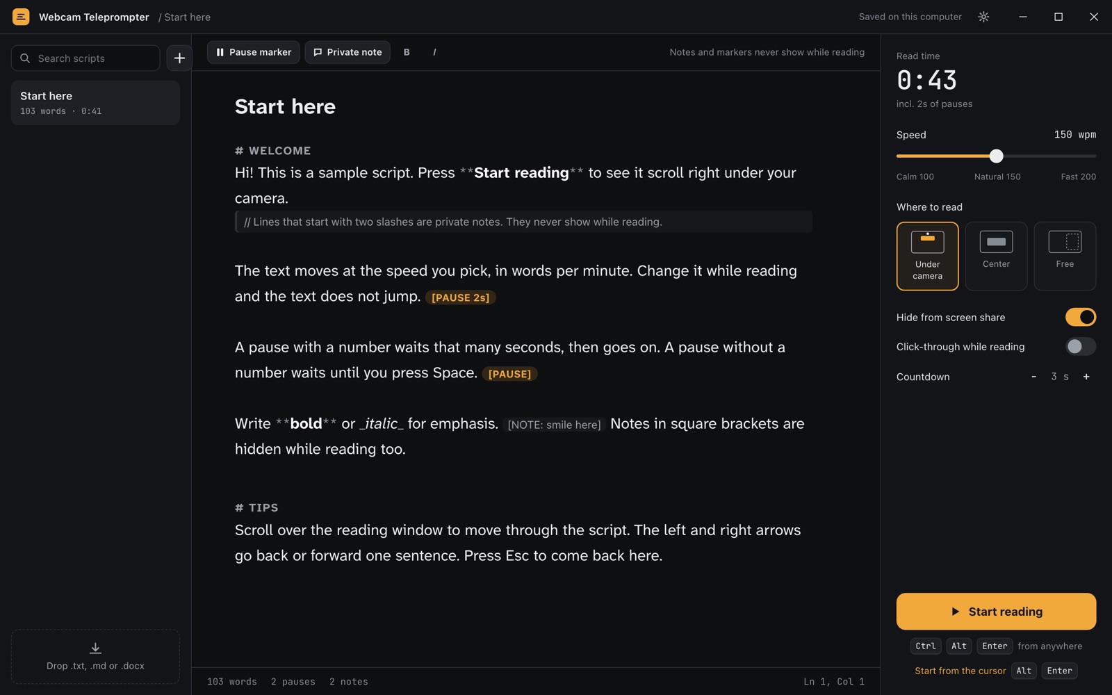 Writing a script with pause markers and private notes