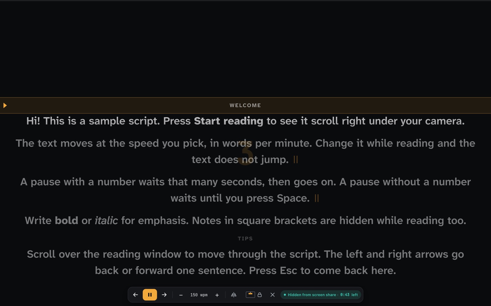 The reading band under the camera, with speed and pause controls